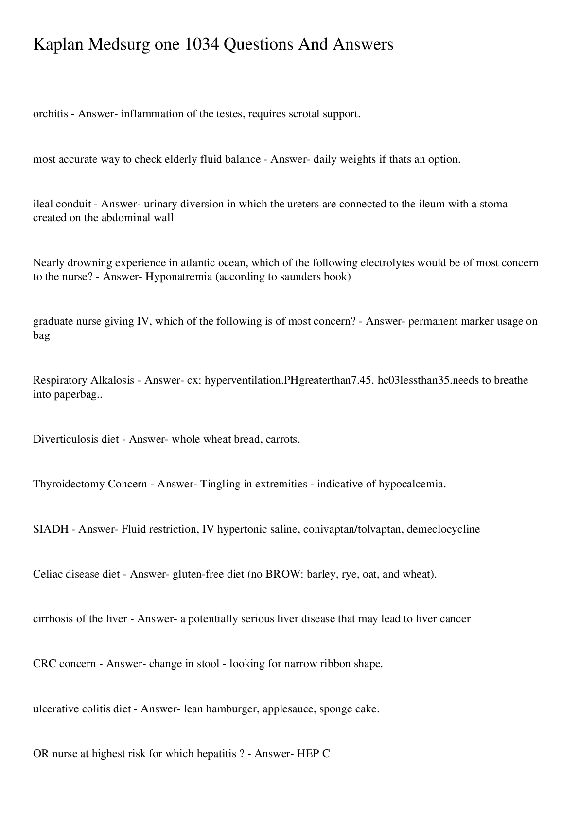 Preview image for Kaplan Medsurg one 1034 Questions And Answers